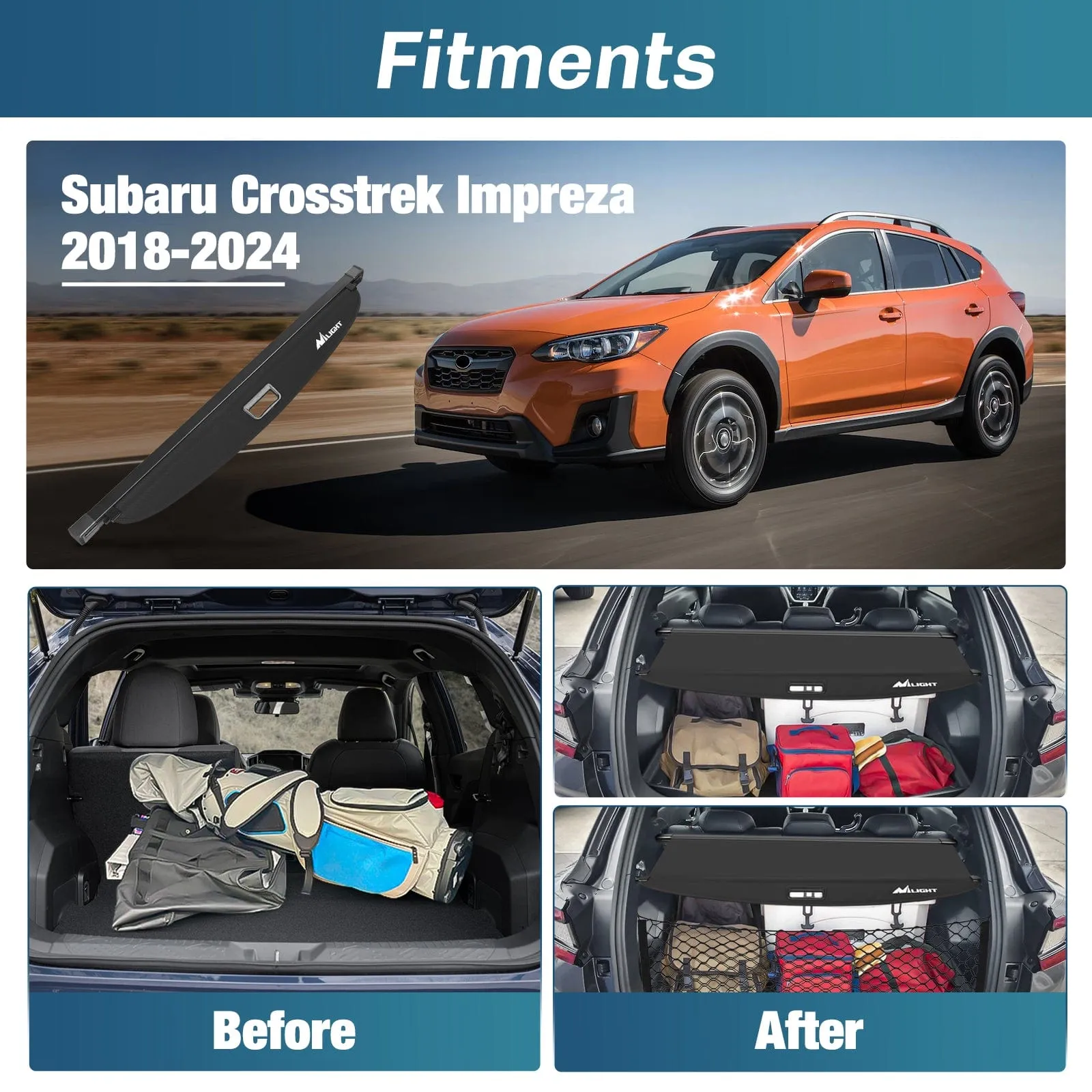 2018-2024 Subaru Crosstrek Impreza Retractable Trunk Cargo Cover With Trunk Storage Net