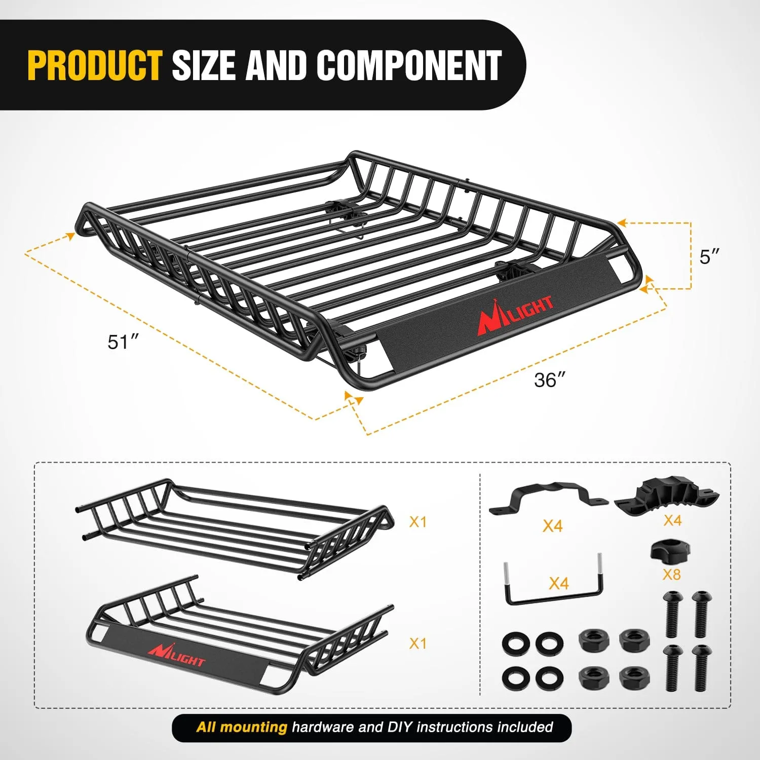 51 x 36 x 5 Inch Universal Roof Rack Cargo Basket Kit with Cargo Bag  Net Ratchet Straps