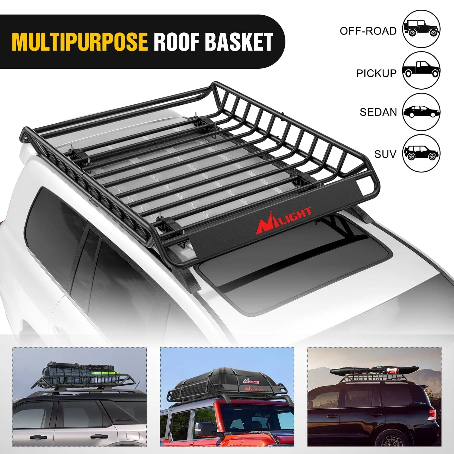 51 x 36 x 5 Inch Universal Roof Rack Cargo Basket Kit with Cargo Bag  Net Ratchet Straps