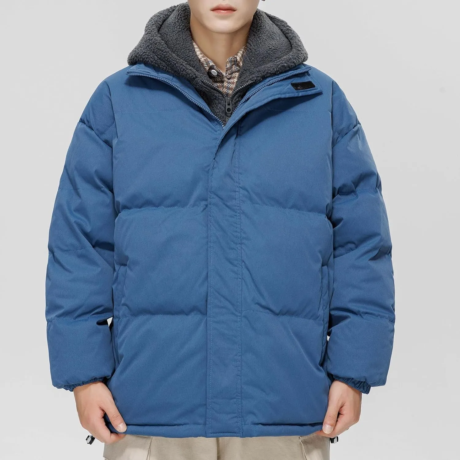 Cambkatl Men's Winter Hooded Puffer Coat Thicken Sherpa Fleece Patchwork Down Puffer Jacket Windproof Insulated Outerwear