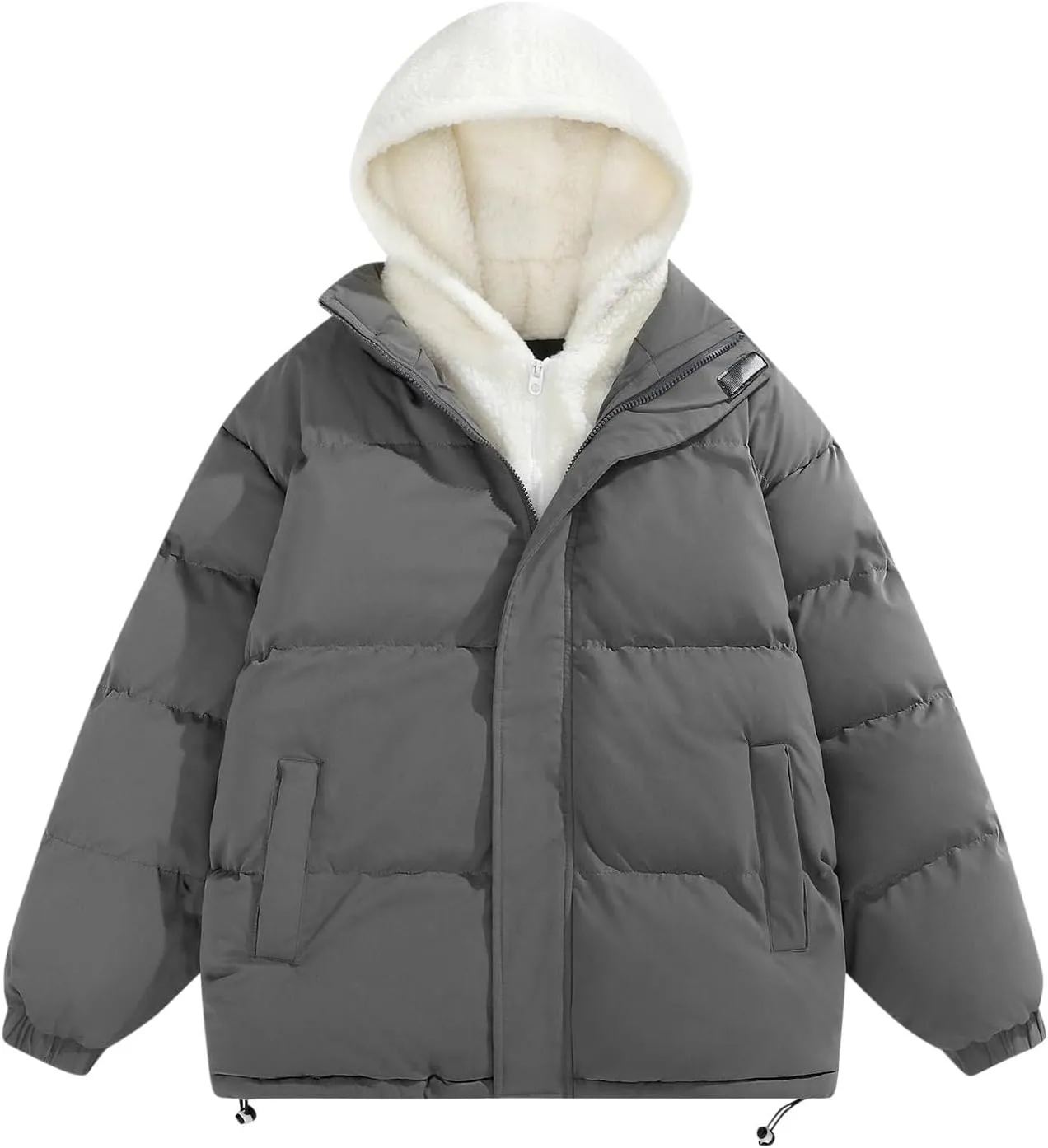 Cambkatl Men's Winter Hooded Puffer Coat Thicken Sherpa Fleece Patchwork Down Puffer Jacket Windproof Insulated Outerwear