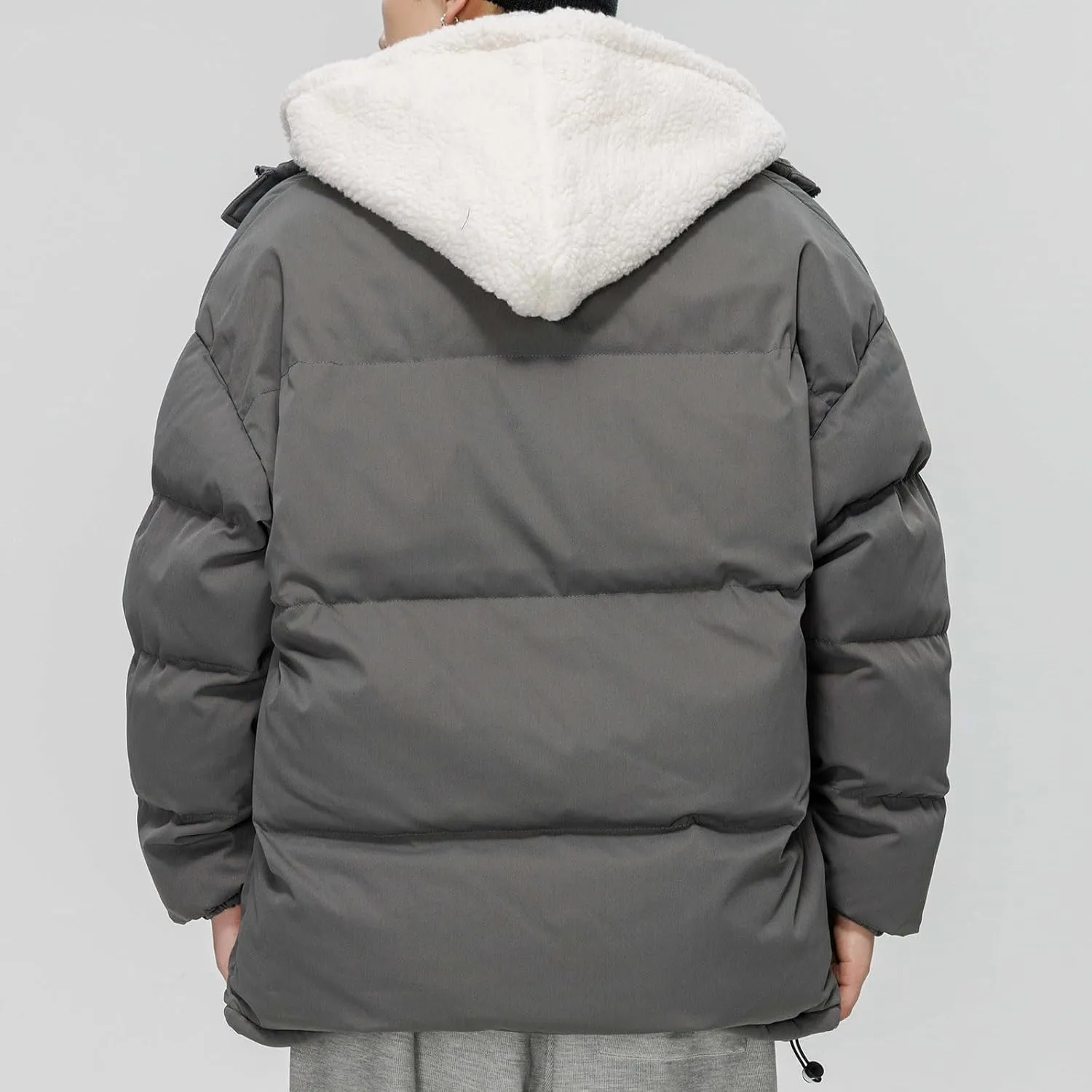 Cambkatl Men's Winter Hooded Puffer Coat Thicken Sherpa Fleece Patchwork Down Puffer Jacket Windproof Insulated Outerwear
