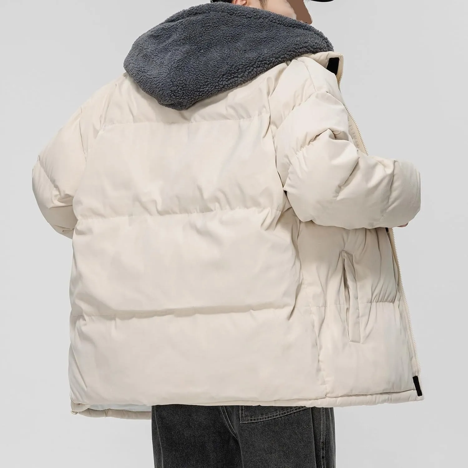 Cambkatl Men's Winter Hooded Puffer Coat Thicken Sherpa Fleece Patchwork Down Puffer Jacket Windproof Insulated Outerwear