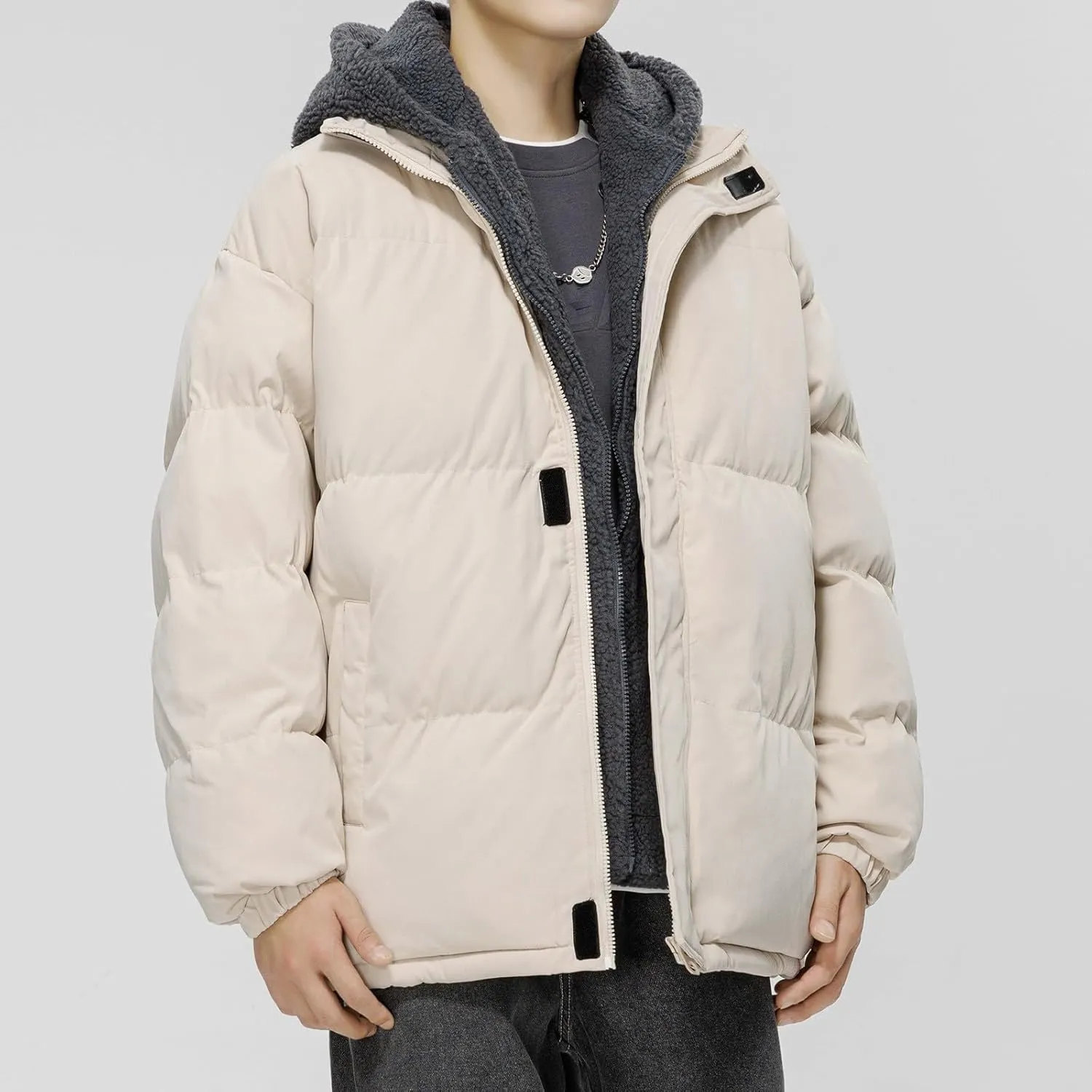 Cambkatl Men's Winter Hooded Puffer Coat Thicken Sherpa Fleece Patchwork Down Puffer Jacket Windproof Insulated Outerwear
