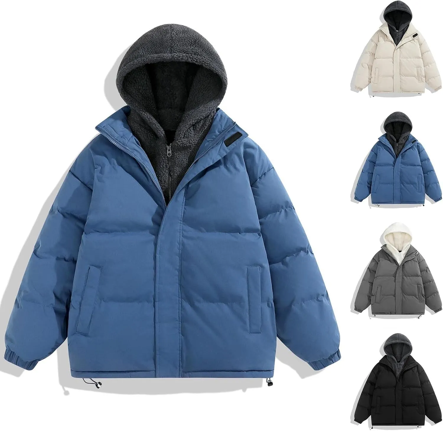 Cambkatl Men's Winter Hooded Puffer Coat Thicken Sherpa Fleece Patchwork Down Puffer Jacket Windproof Insulated Outerwear