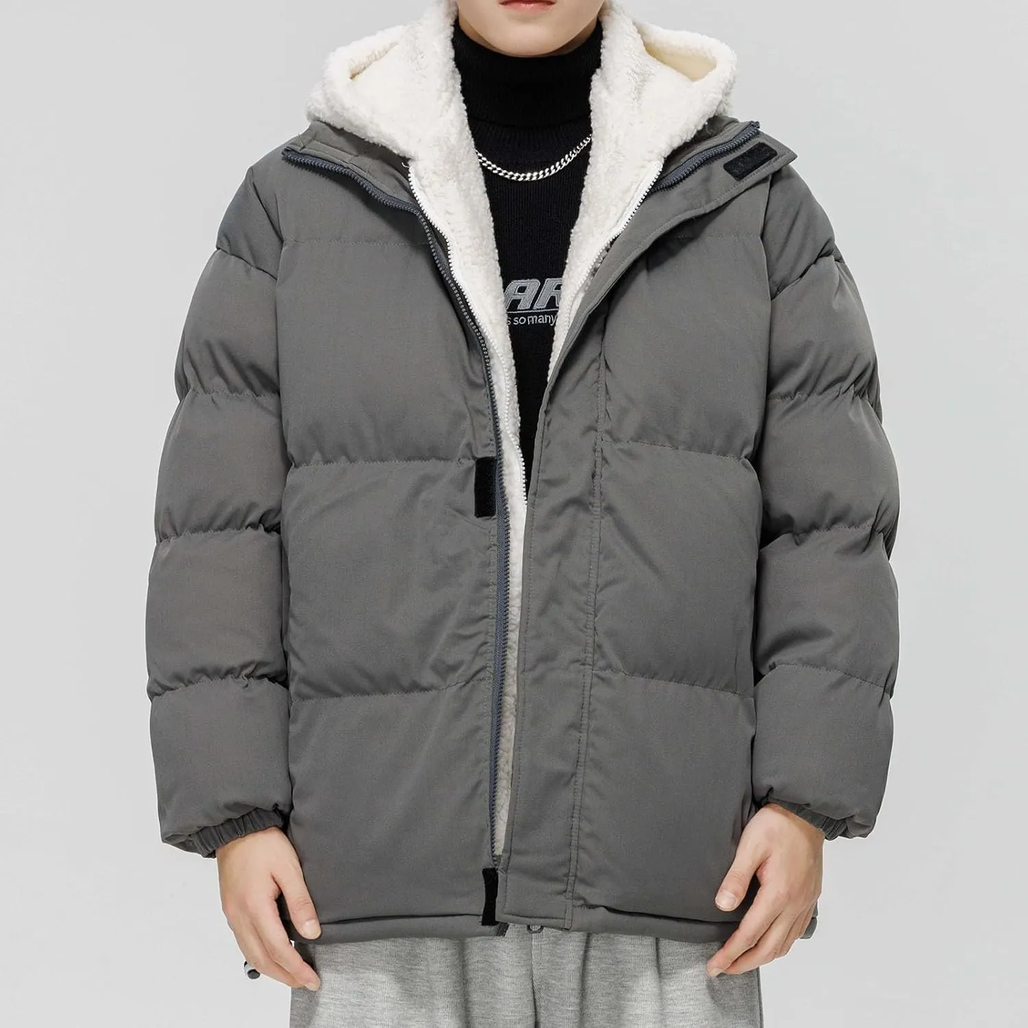 Cambkatl Men's Winter Hooded Puffer Coat Thicken Sherpa Fleece Patchwork Down Puffer Jacket Windproof Insulated Outerwear