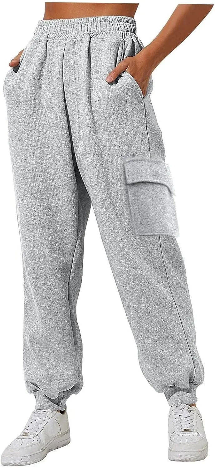 Cargo Joggers for Women Fleece Sweatpants Baggy Elastic High Waisted Jogger Pants Athletic Track Pants with Pockets