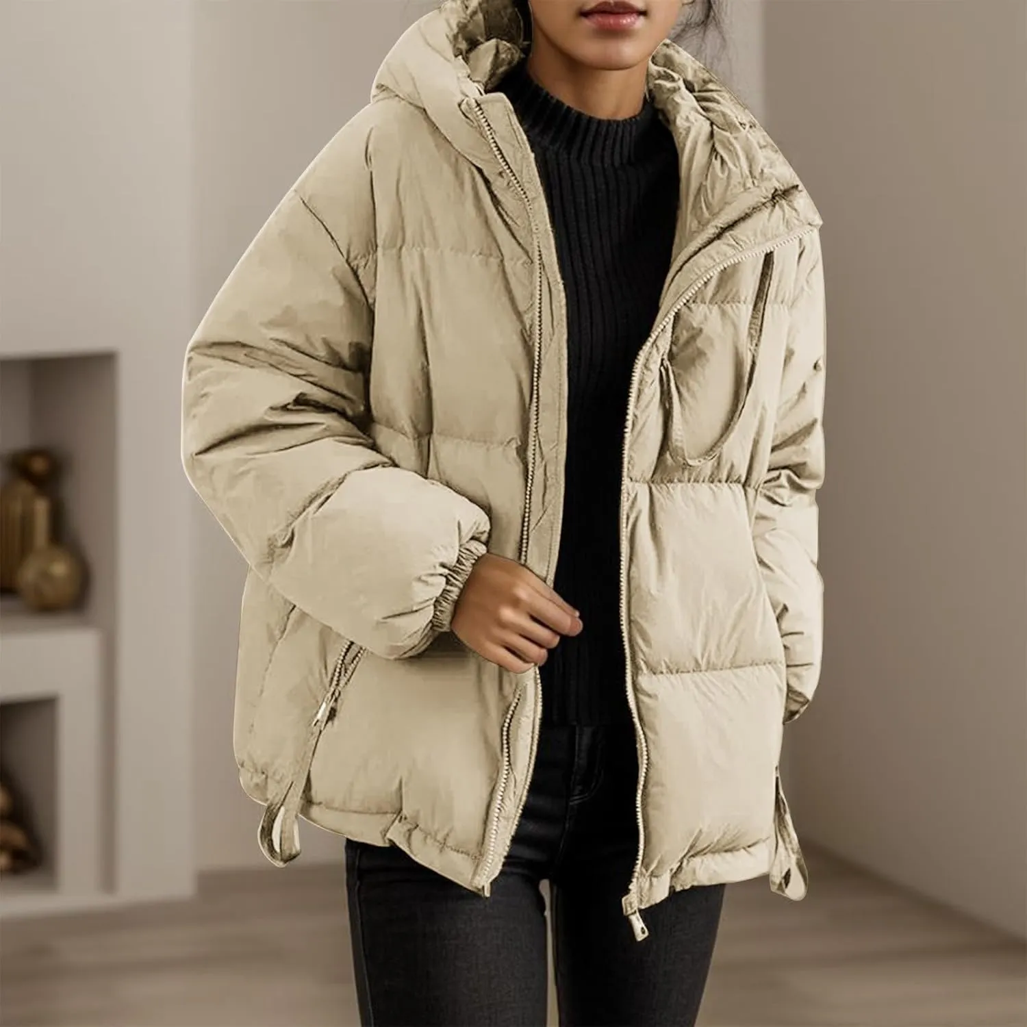 cooki Womens Winter Coats Long Sleeve Zip Puffer Jacket Stand Collar Baggy Short Down Coats with Pockets Thicken Cropped Coat