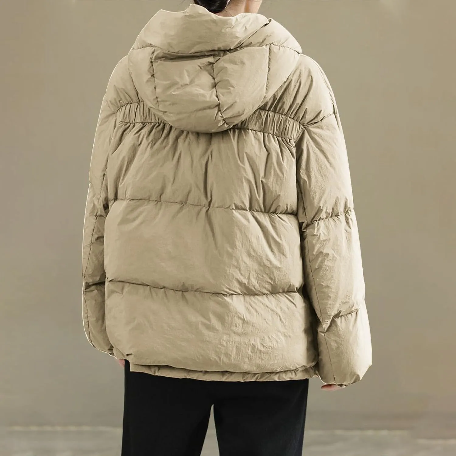 cooki Womens Winter Coats Long Sleeve Zip Puffer Jacket Stand Collar Baggy Short Down Coats with Pockets Thicken Cropped Coat
