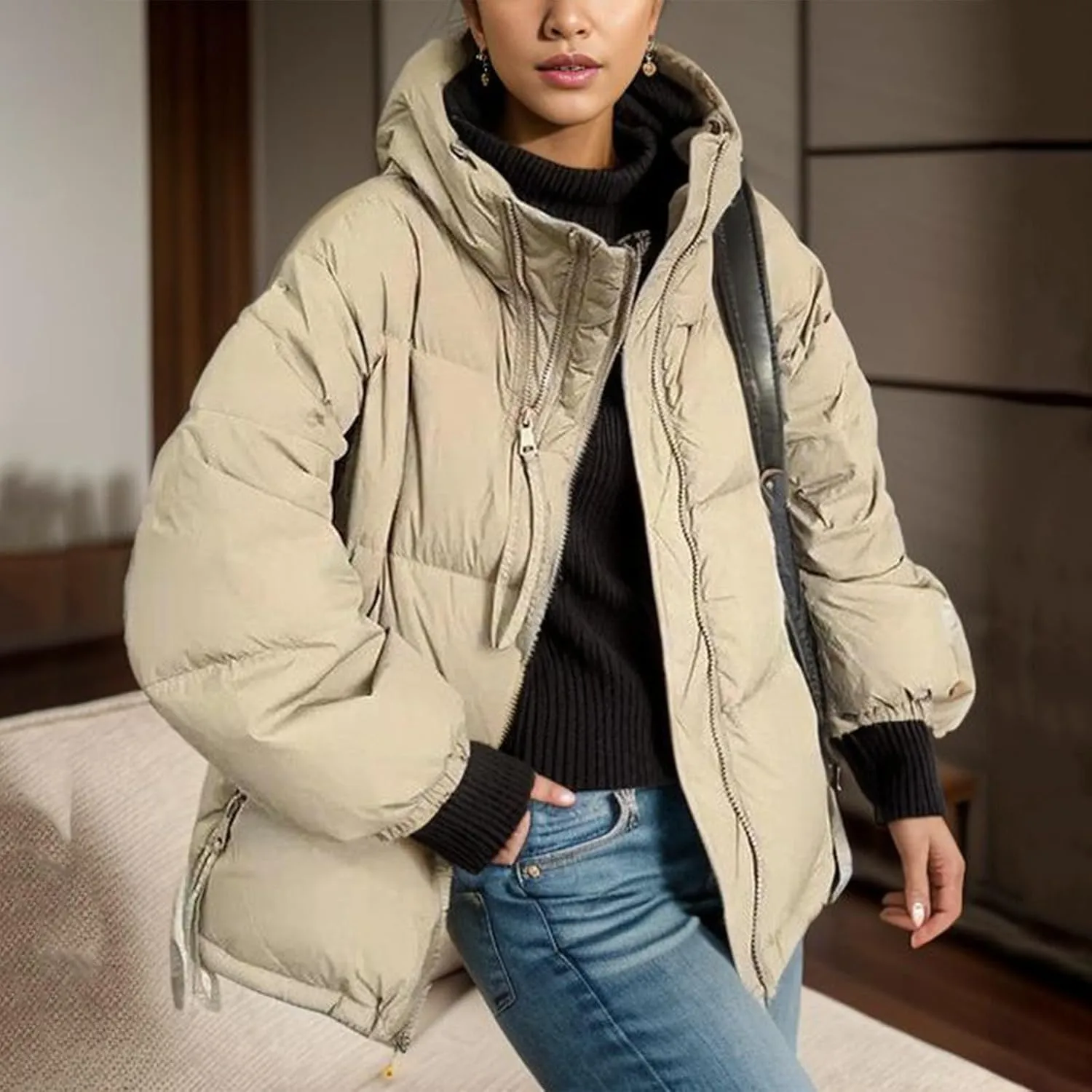 cooki Womens Winter Coats Long Sleeve Zip Puffer Jacket Stand Collar Baggy Short Down Coats with Pockets Thicken Cropped Coat