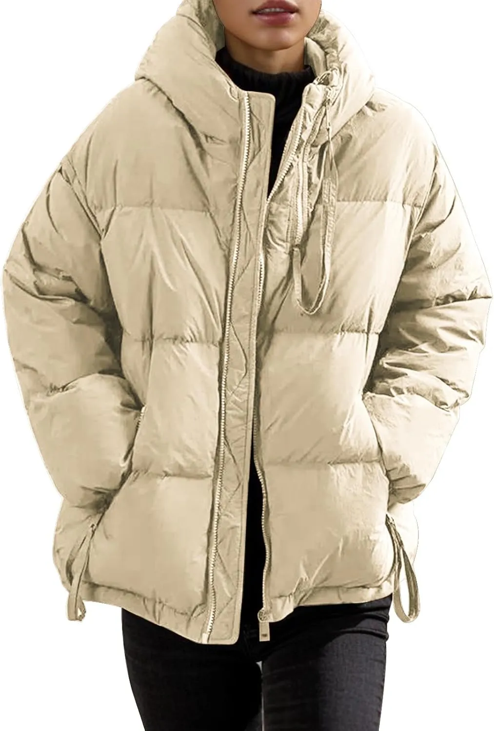 cooki Womens Winter Coats Long Sleeve Zip Puffer Jacket Stand Collar Baggy Short Down Coats with Pockets Thicken Cropped Coat