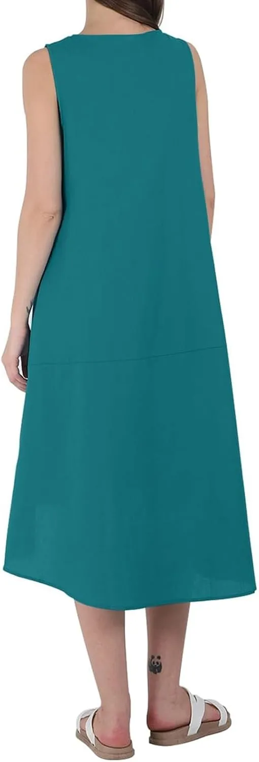 Cotton Linen Dress Women Summer Long Beach Dresses Casual Maxi Sundress Flowy Tshirt A Line Dress with Pockets
