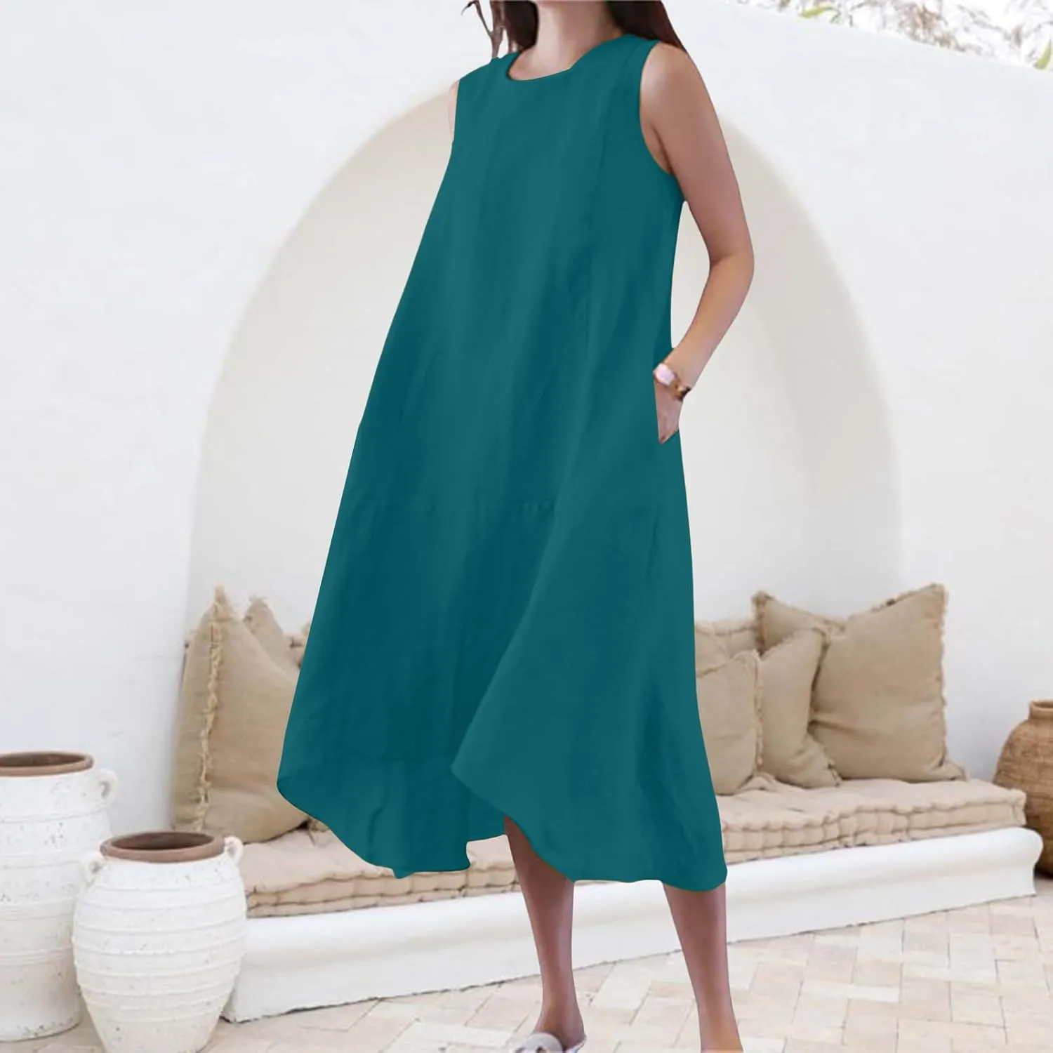 Cotton Linen Dress Women Summer Long Beach Dresses Casual Maxi Sundress Flowy Tshirt A Line Dress with Pockets