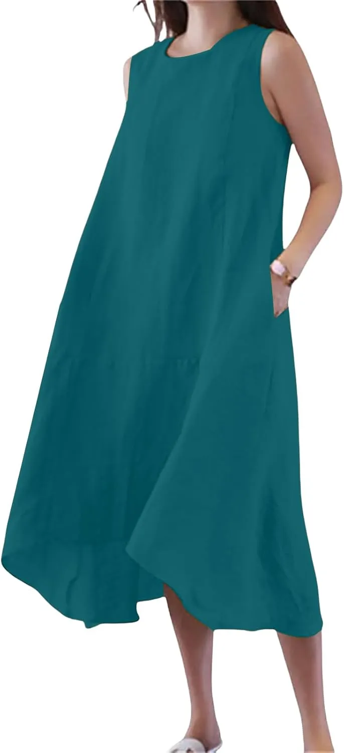 Cotton Linen Dress Women Summer Long Beach Dresses Casual Maxi Sundress Flowy Tshirt A Line Dress with Pockets