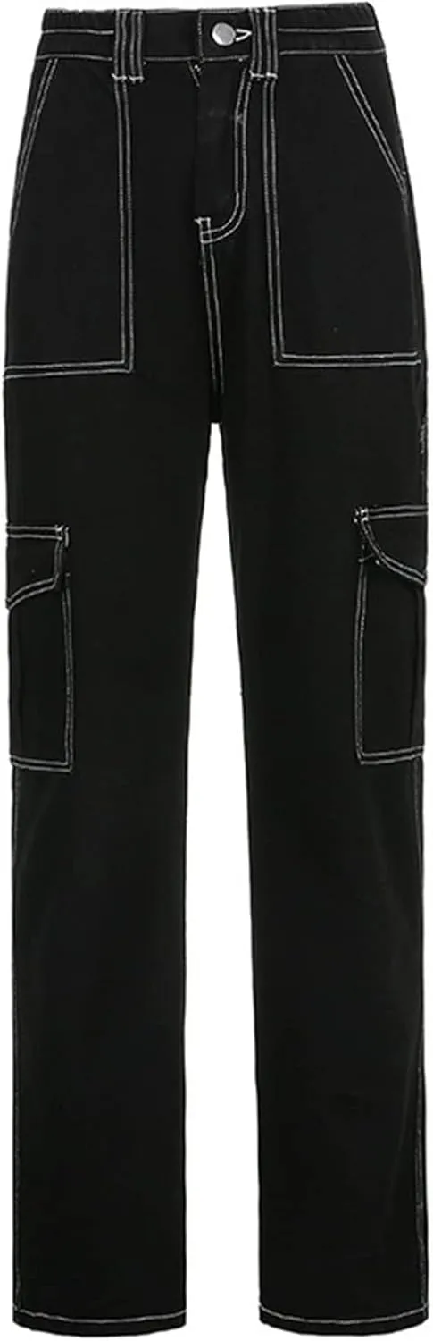fanmpghleoo Wide Leg Cargo Pants for Women Elastic Waist Straight Leg Hiking Pants with 6 Pockets Trendy Y2k Baggy Trousers