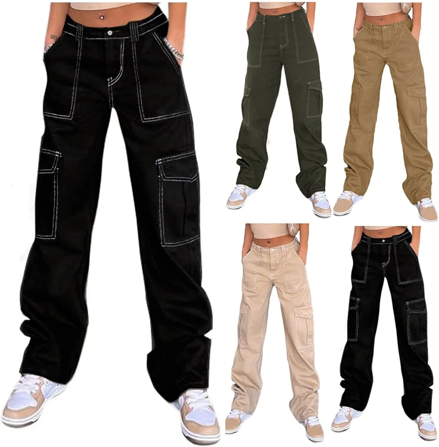 fanmpghleoo Wide Leg Cargo Pants for Women Elastic Waist Straight Leg Hiking Pants with 6 Pockets Trendy Y2k Baggy Trousers
