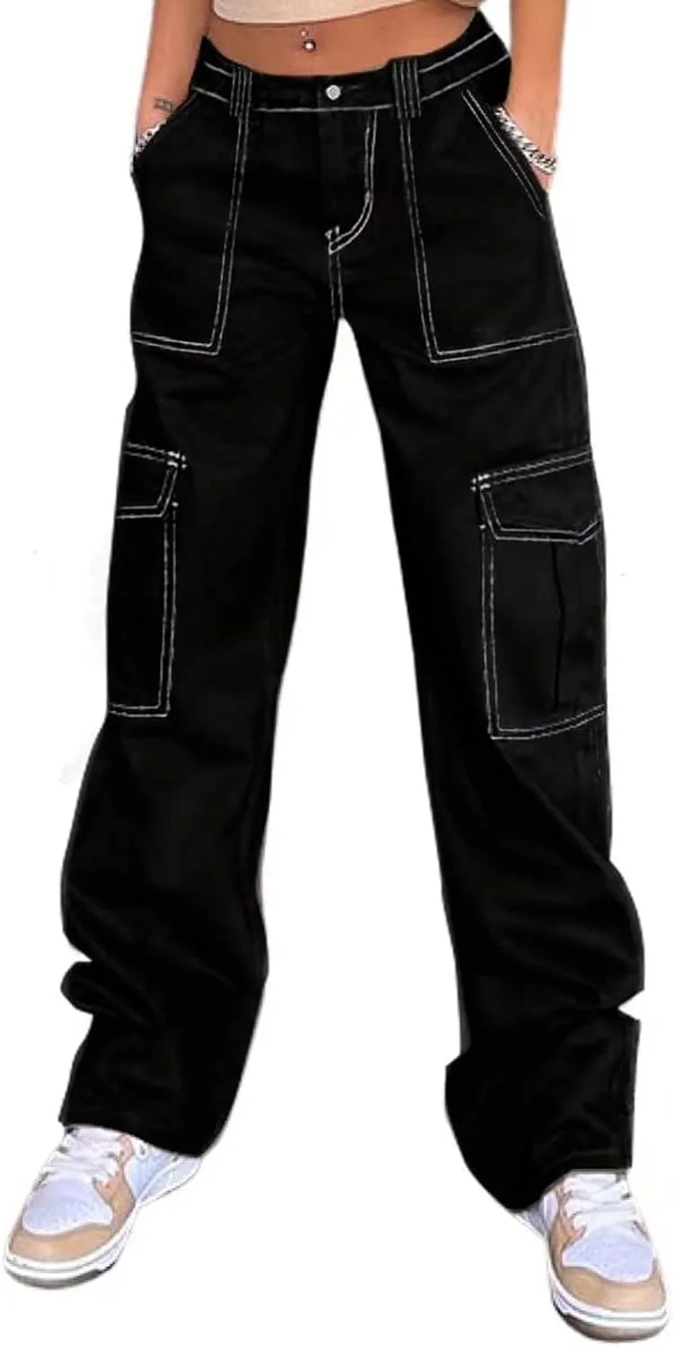 fanmpghleoo Wide Leg Cargo Pants for Women Elastic Waist Straight Leg Hiking Pants with 6 Pockets Trendy Y2k Baggy Trousers