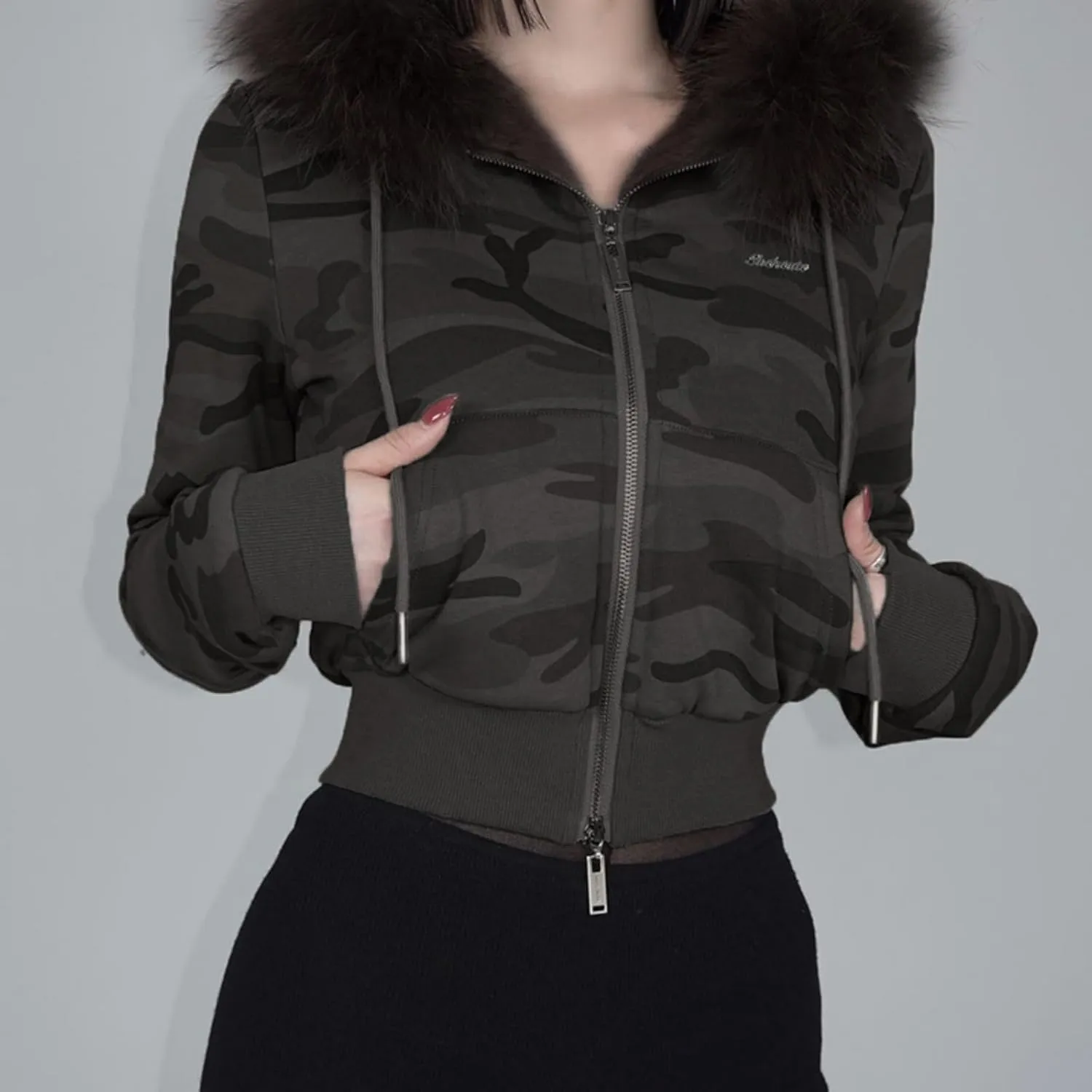 Faux Fur Trim Hoodies for Women, Y2k Long Sleeve Cropped Sweatshirt, Zip Up Jacket with Fur Hood Vintage Outfit
