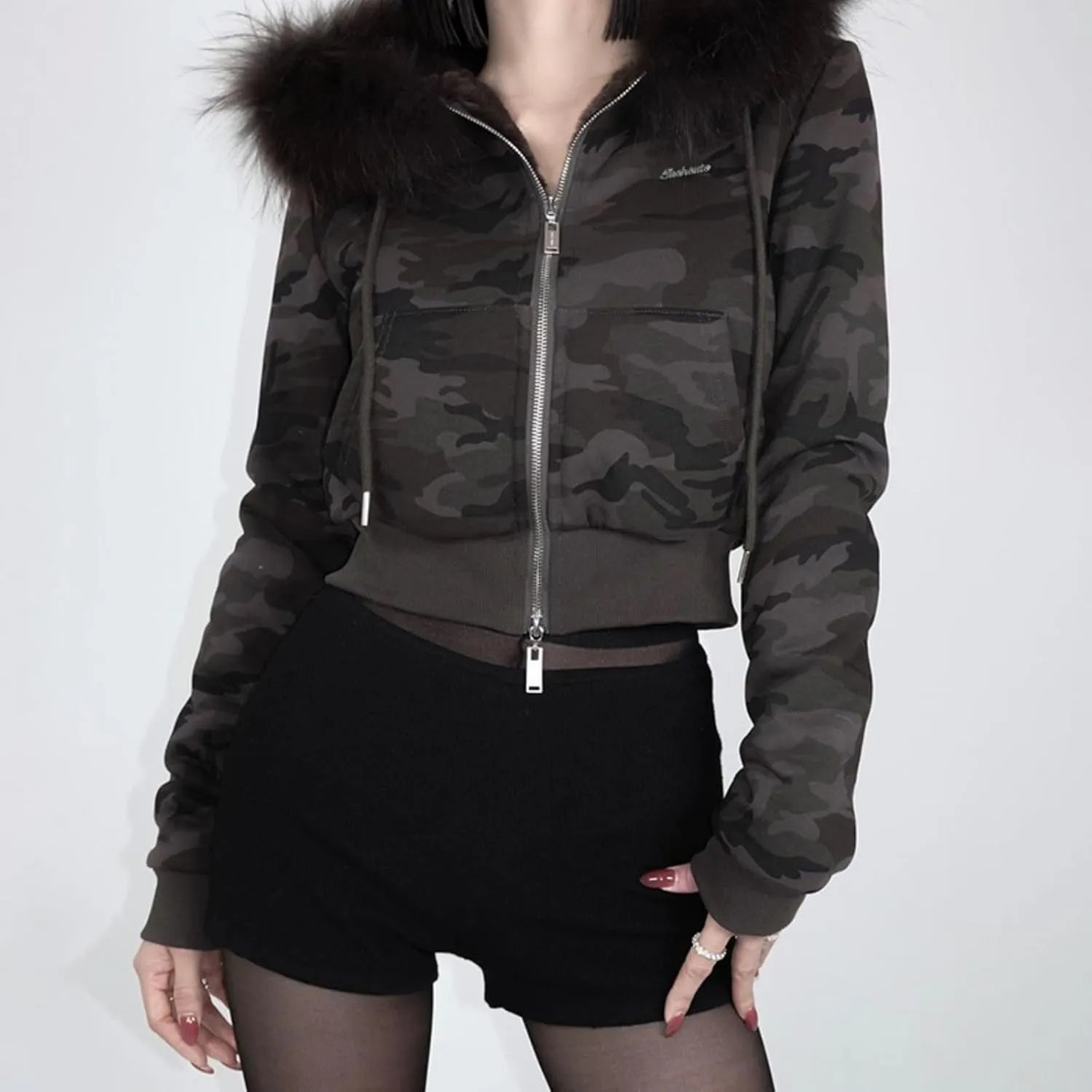 Faux Fur Trim Hoodies for Women, Y2k Long Sleeve Cropped Sweatshirt, Zip Up Jacket with Fur Hood Vintage Outfit