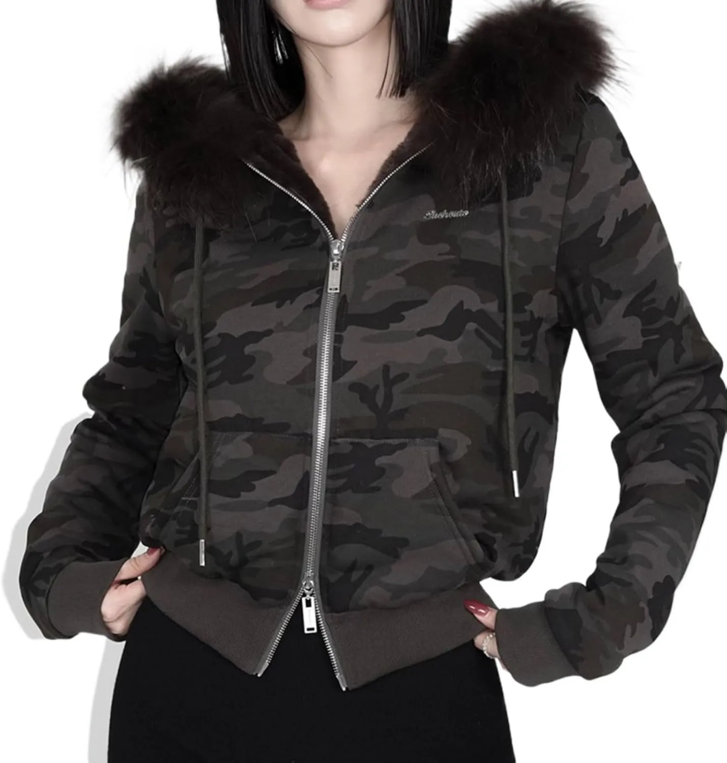 Faux Fur Trim Hoodies for Women, Y2k Long Sleeve Cropped Sweatshirt, Zip Up Jacket with Fur Hood Vintage Outfit