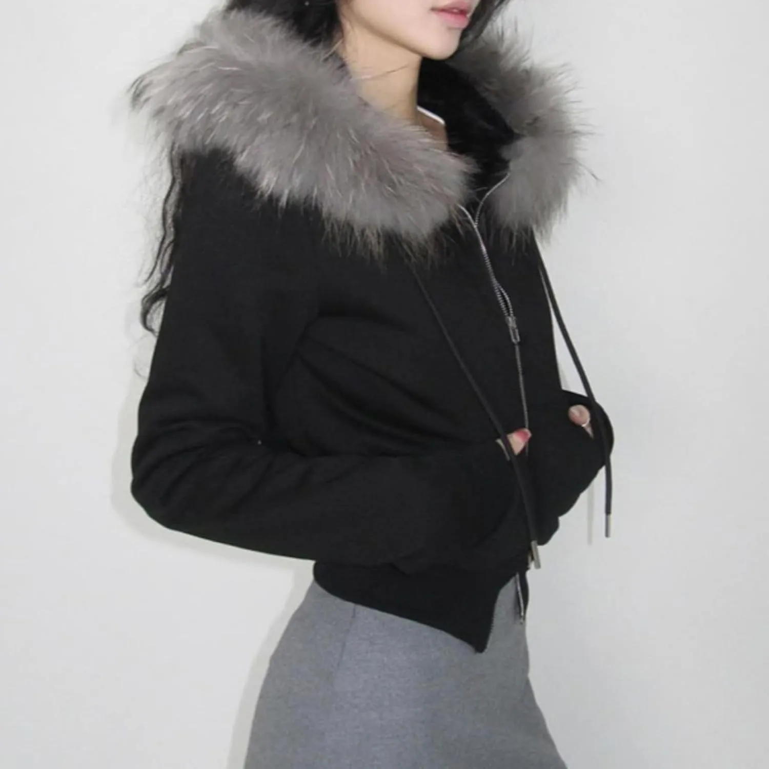 Faux Fur Trim Hoodies for Women, Y2k Long Sleeve Cropped Sweatshirt, Zip Up Jacket with Fur Hood Vintage Outfit