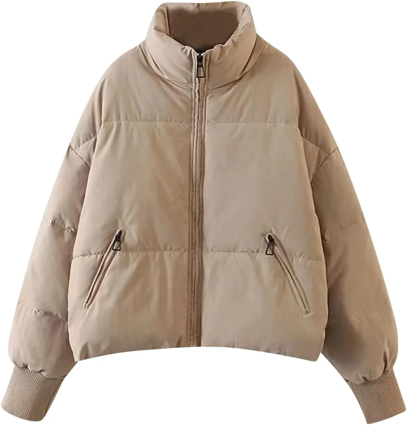 Hasta Womens Cropped Puffer Jacket with Pockets Warm Cozy Down Coats Winter Full Zip Oversized Solid Padded Quilted Jackets