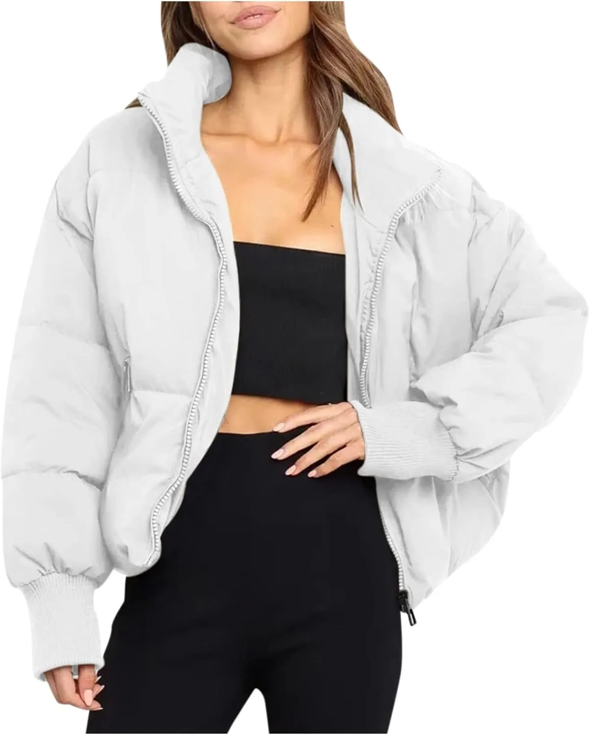 Hasta Womens Cropped Puffer Jacket with Pockets Warm Cozy Down Coats Winter Full Zip Oversized Solid Padded Quilted Jackets