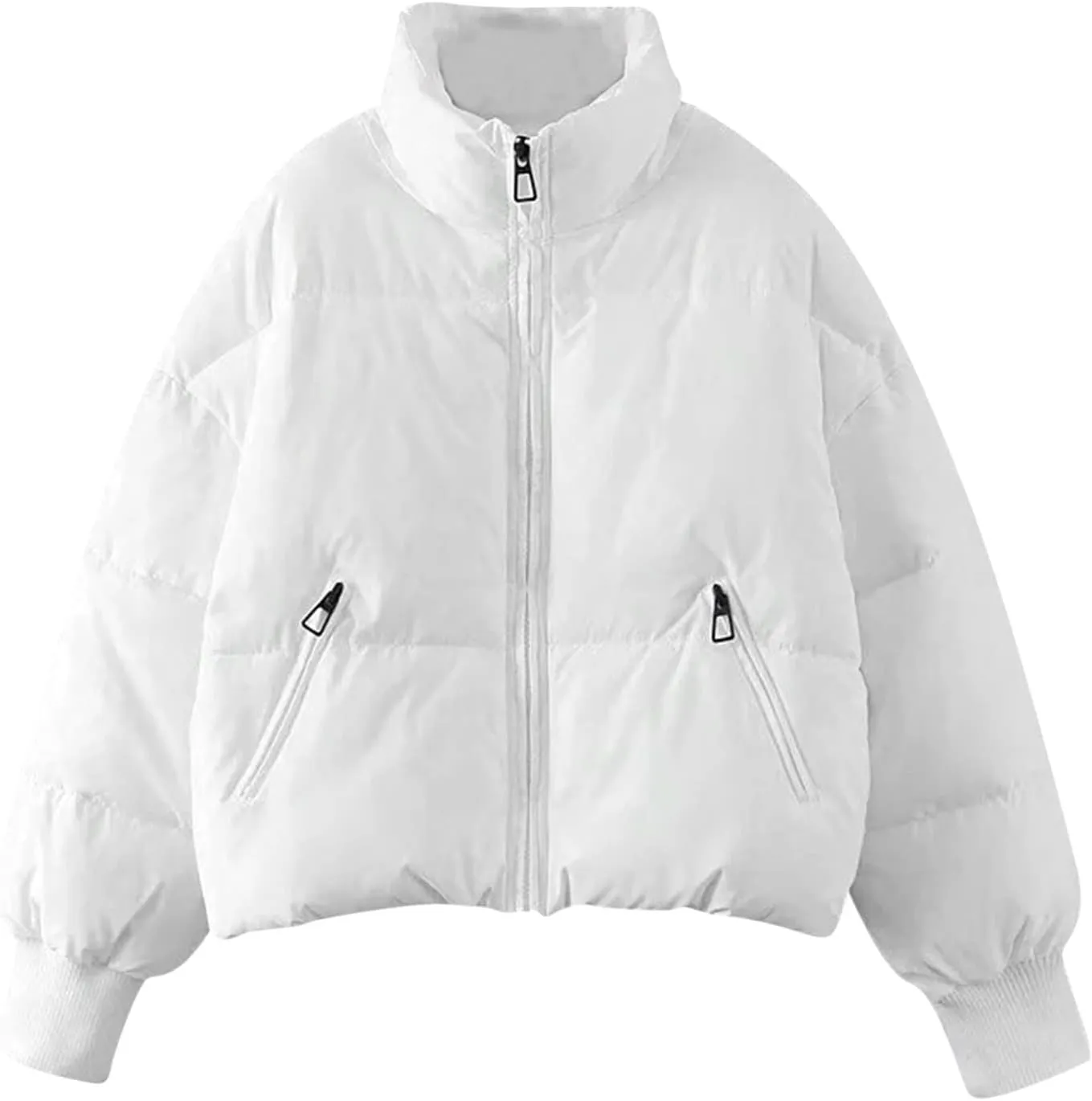 Hasta Womens Cropped Puffer Jacket with Pockets Warm Cozy Down Coats Winter Full Zip Oversized Solid Padded Quilted Jackets