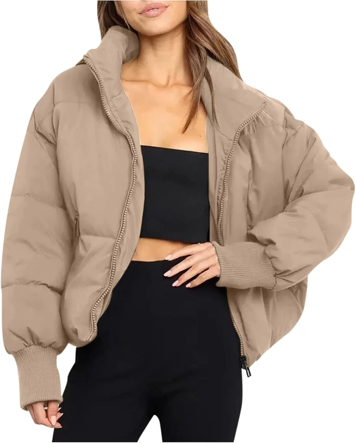 Hasta Womens Cropped Puffer Jacket with Pockets Warm Cozy Down Coats Winter Full Zip Oversized Solid Padded Quilted Jackets