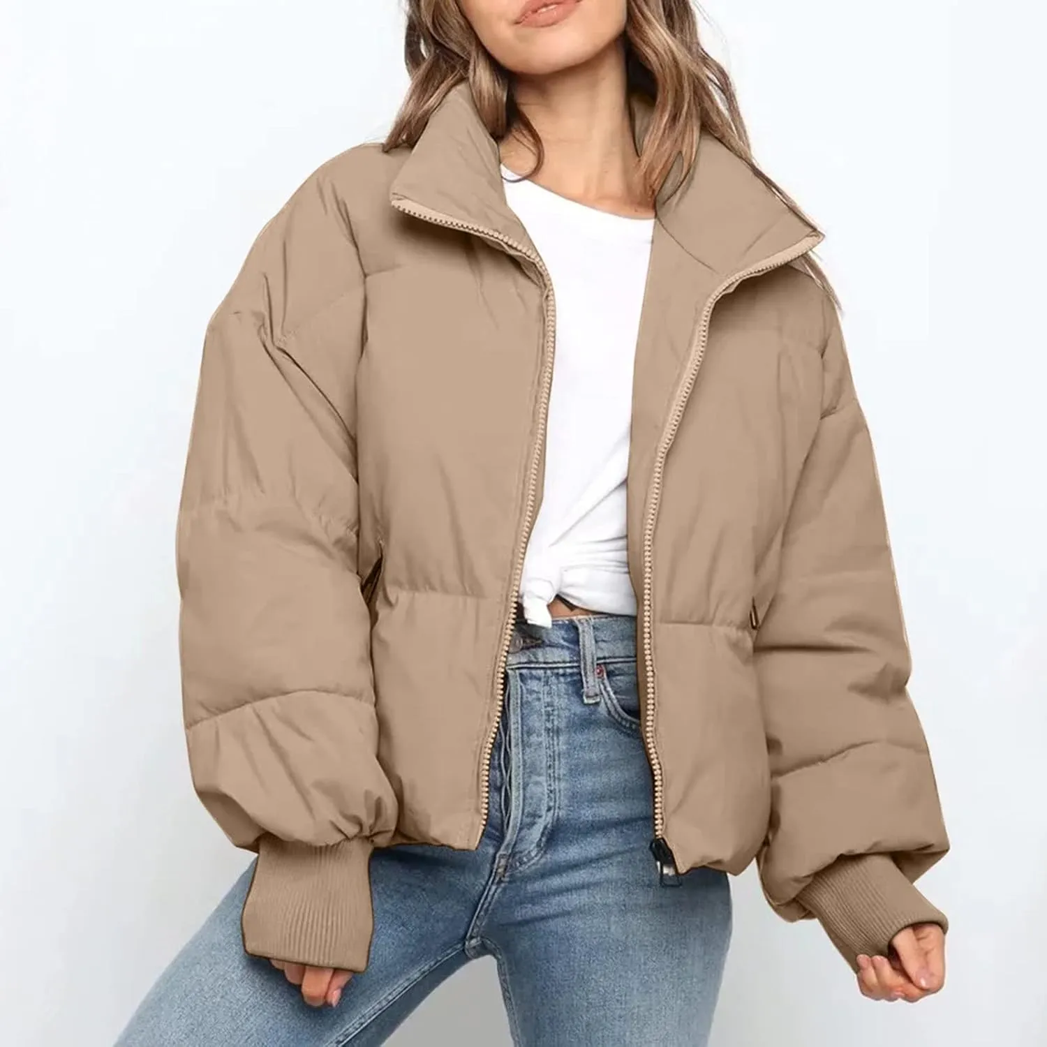Hasta Womens Cropped Puffer Jacket with Pockets Warm Cozy Down Coats Winter Full Zip Oversized Solid Padded Quilted Jackets
