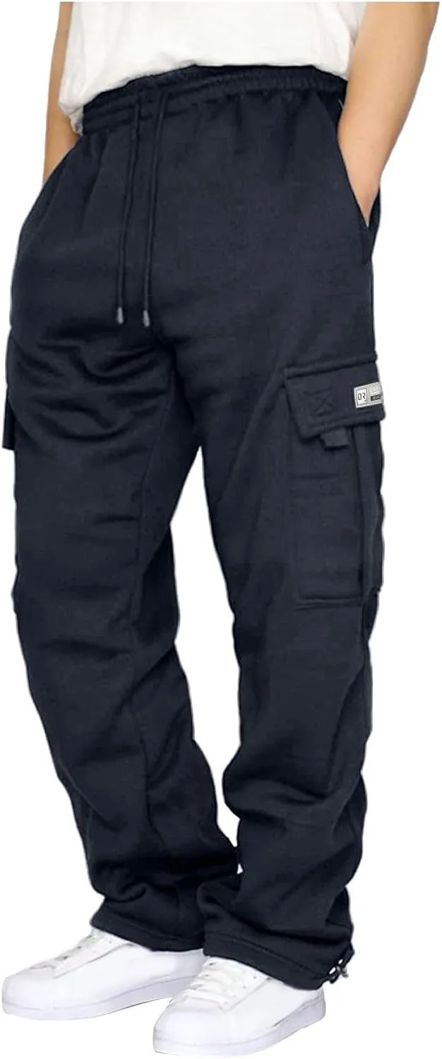 Heavy Cargo Sweatpants for Men Drawstring Baggy Jogger Cargo Pants Multi Pockets Open Bottom Athletic Workout Pants
