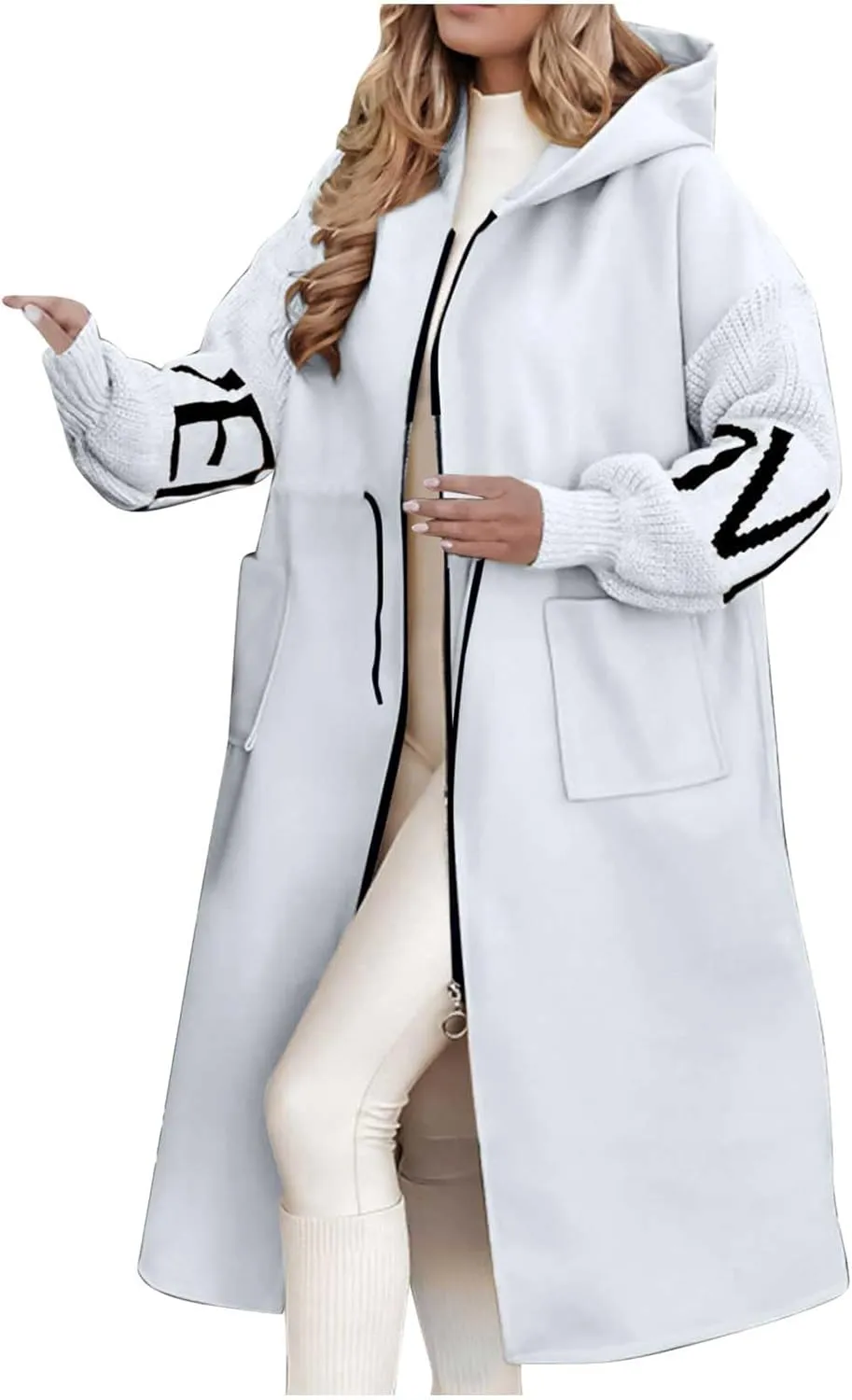 HGps8w Long Hoodies Jacket for Women Letter Knitted Patchwork Long Sleeve Casual Drawstring Waist Outerwear with Pockets
