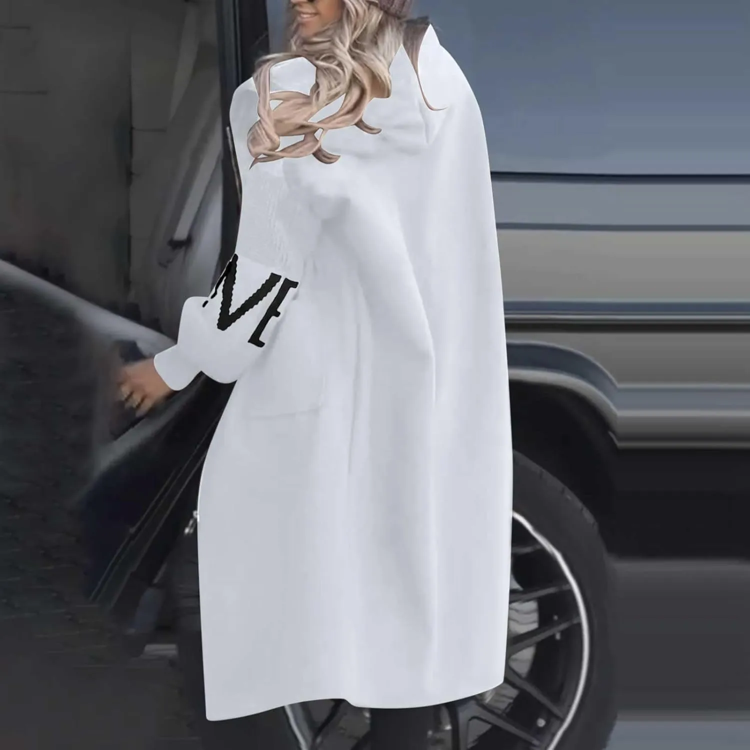 HGps8w Long Hoodies Jacket for Women Letter Knitted Patchwork Long Sleeve Casual Drawstring Waist Outerwear with Pockets