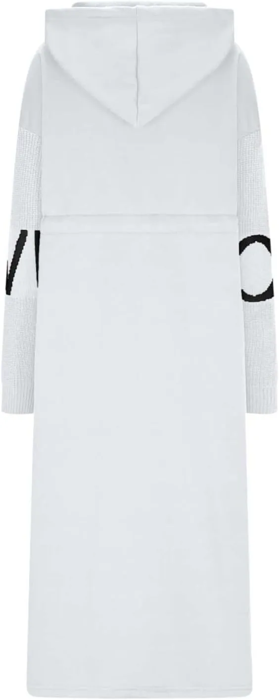 HGps8w Long Hoodies Jacket for Women Letter Knitted Patchwork Long Sleeve Casual Drawstring Waist Outerwear with Pockets