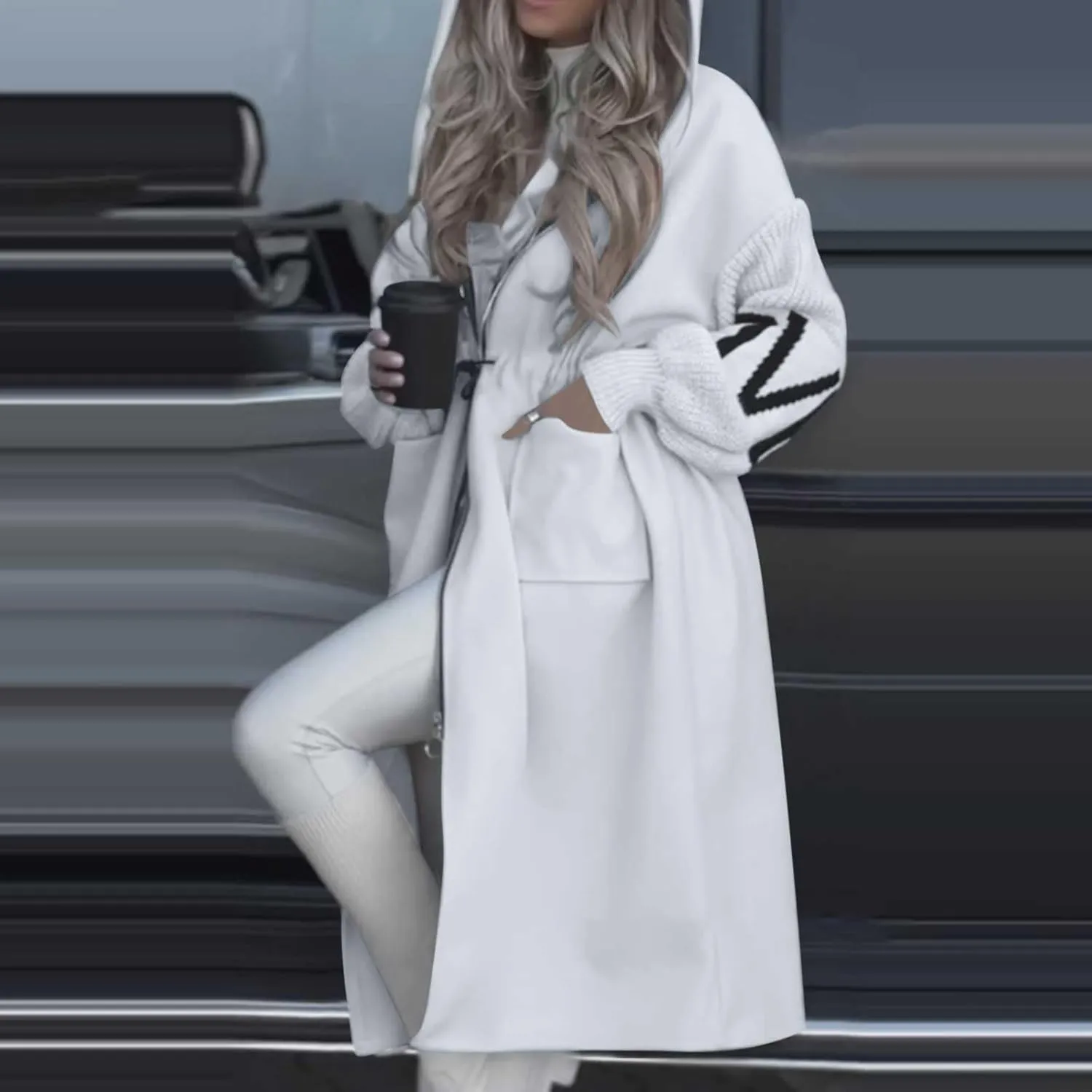 HGps8w Long Hoodies Jacket for Women Letter Knitted Patchwork Long Sleeve Casual Drawstring Waist Outerwear with Pockets