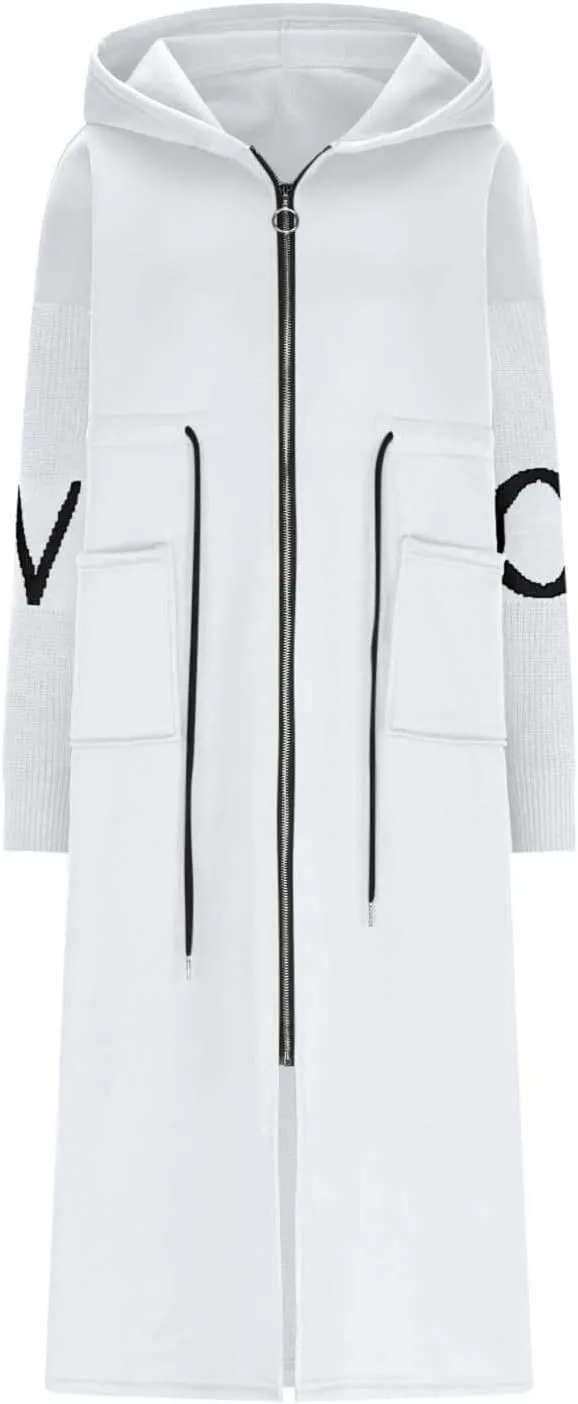 HGps8w Long Hoodies Jacket for Women Letter Knitted Patchwork Long Sleeve Casual Drawstring Waist Outerwear with Pockets
