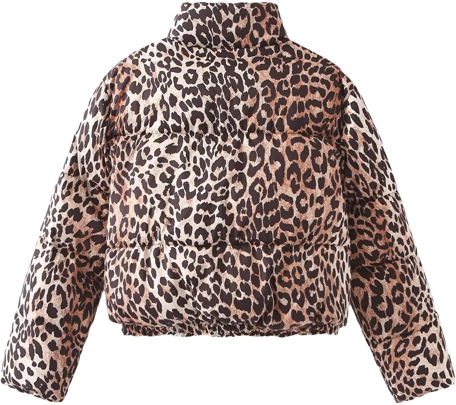 Leopard Print Cropped Puffer Jacket for Women Winter Warm Zip Up Short Down Coat Trendy Comfy Outwear