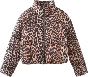 Leopard Print Cropped Puffer Jacket for Women Winter Warm Zip Up Short Down Coat Trendy Comfy Outwear