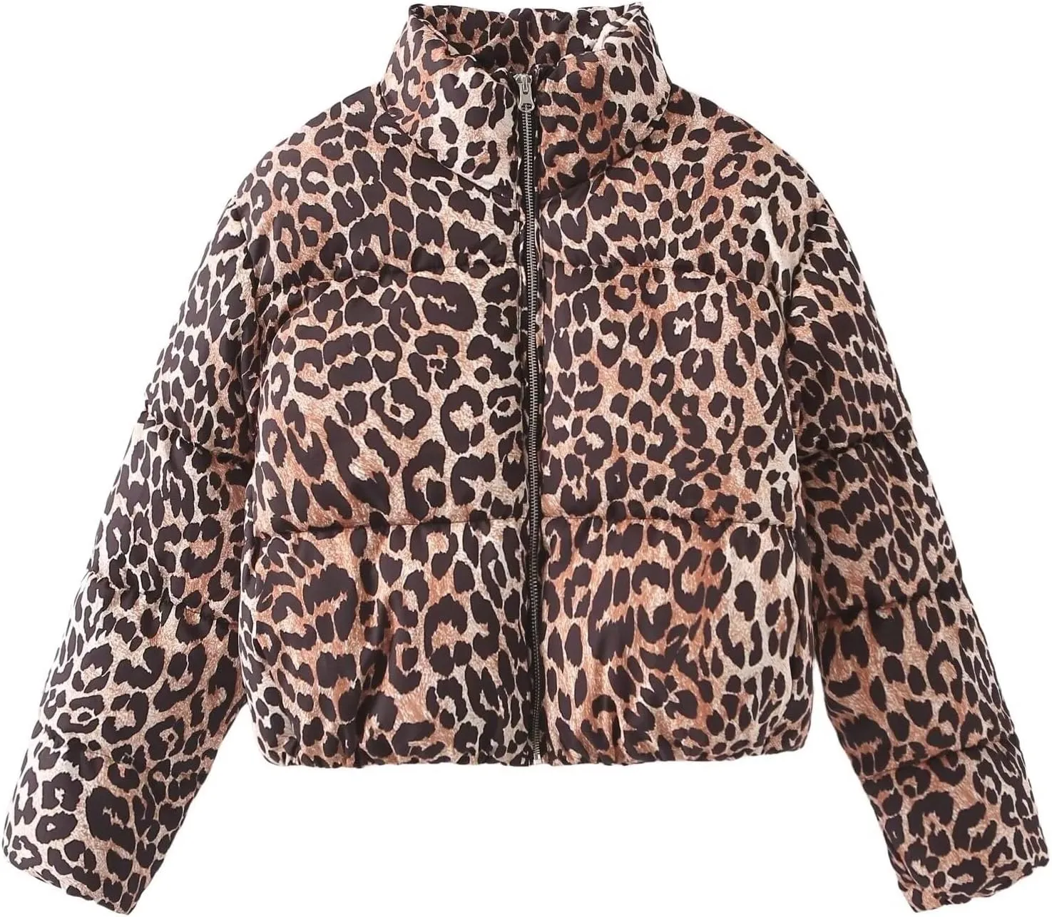Leopard Print Cropped Puffer Jacket for Women Winter Warm Zip Up Short Down Coat Trendy Comfy Outwear