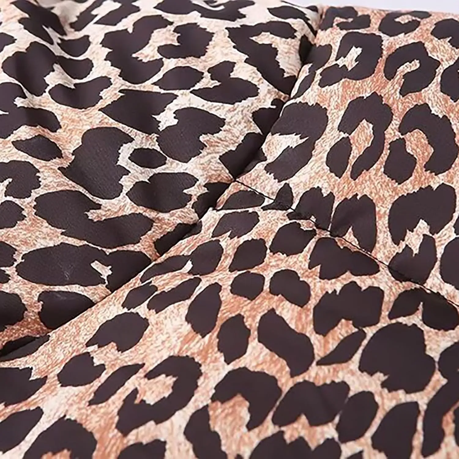 Leopard Print Cropped Puffer Jacket for Women Winter Warm Zip Up Short Down Coat Trendy Comfy Outwear
