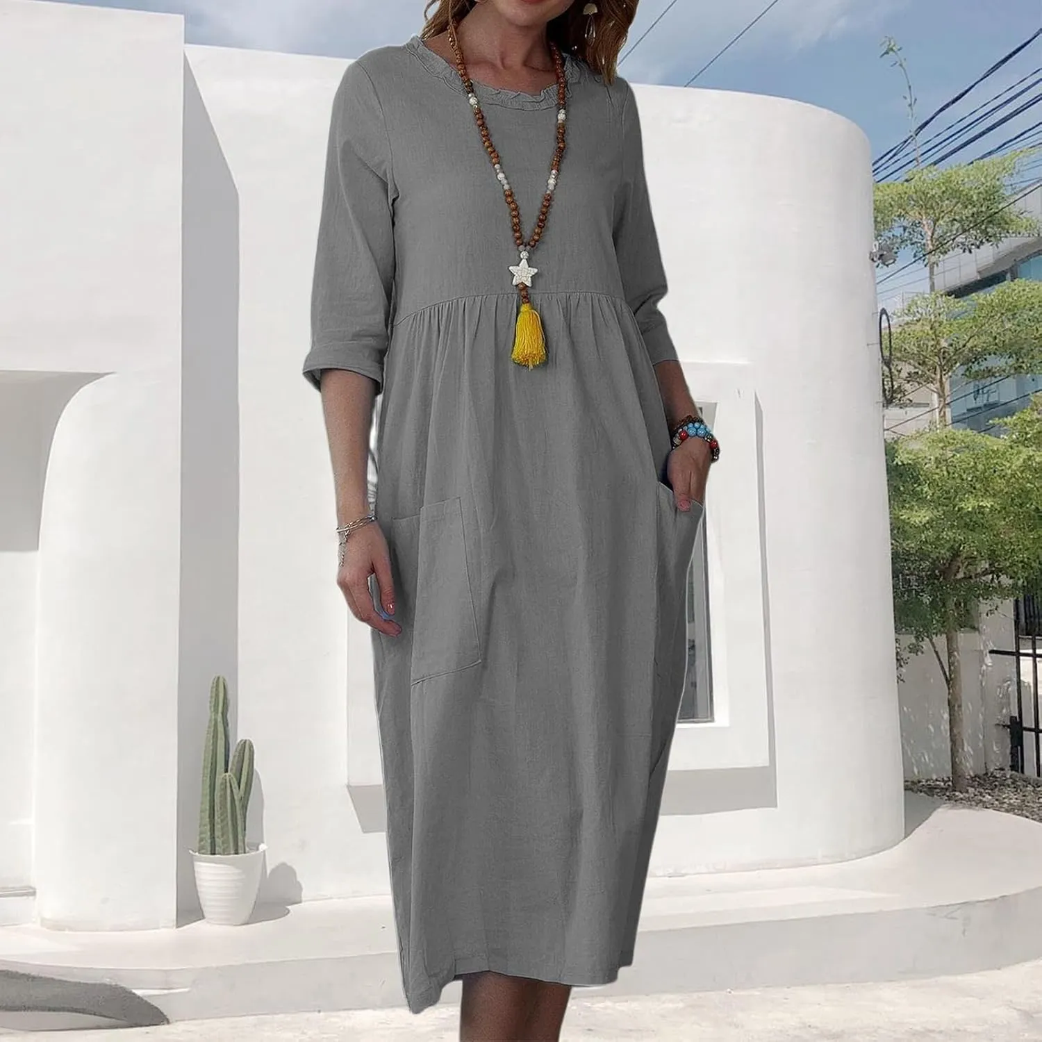 Linen Dresses for Women 2025 Elegant Summer Short Sleeve Crew Neck Flowy Swing Mini Dress Casual Fashion Long Dresses