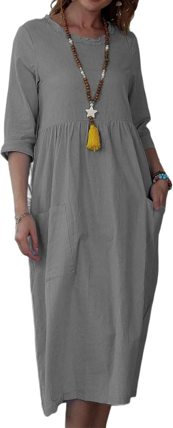 Linen Dresses for Women 2025 Elegant Summer Short Sleeve Crew Neck Flowy Swing Mini Dress Casual Fashion Long Dresses