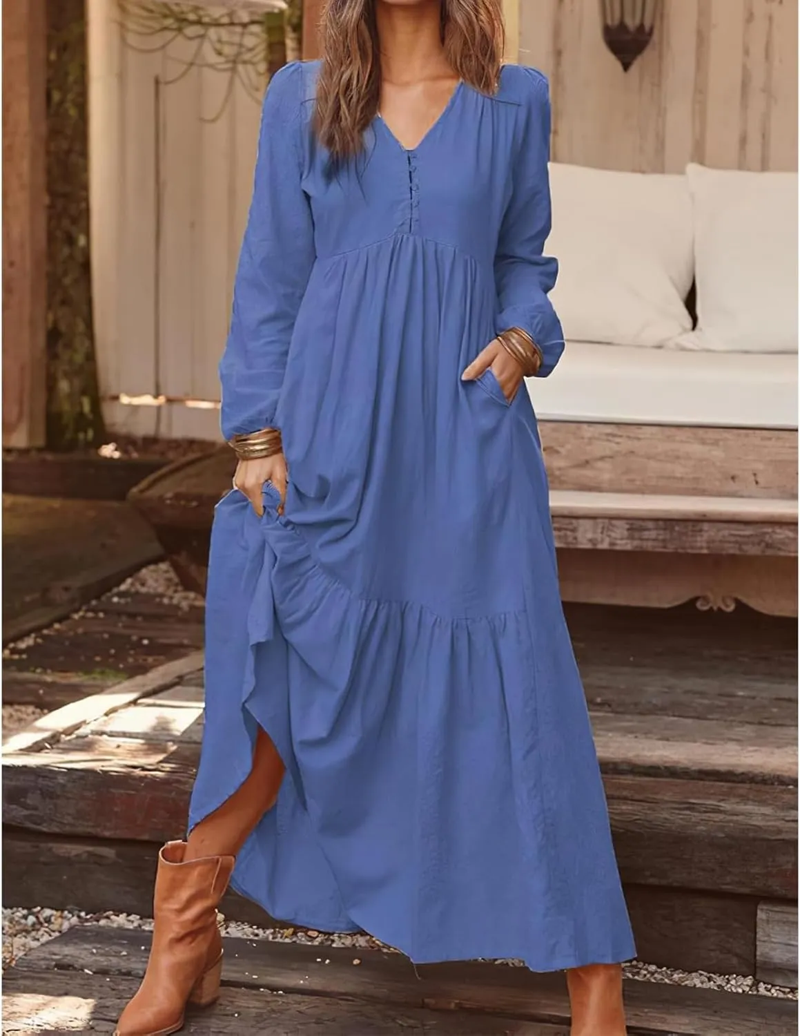 Linen Maxi Dress for Women Long Boho Dresses Casual Long Sleeve V Neck Dress Flowy Beach Pleated Sundress with Pockets