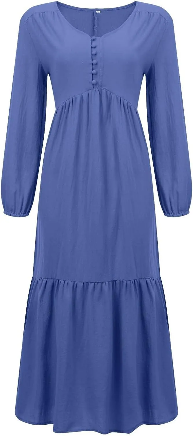 Linen Maxi Dress for Women Long Boho Dresses Casual Long Sleeve V Neck Dress Flowy Beach Pleated Sundress with Pockets