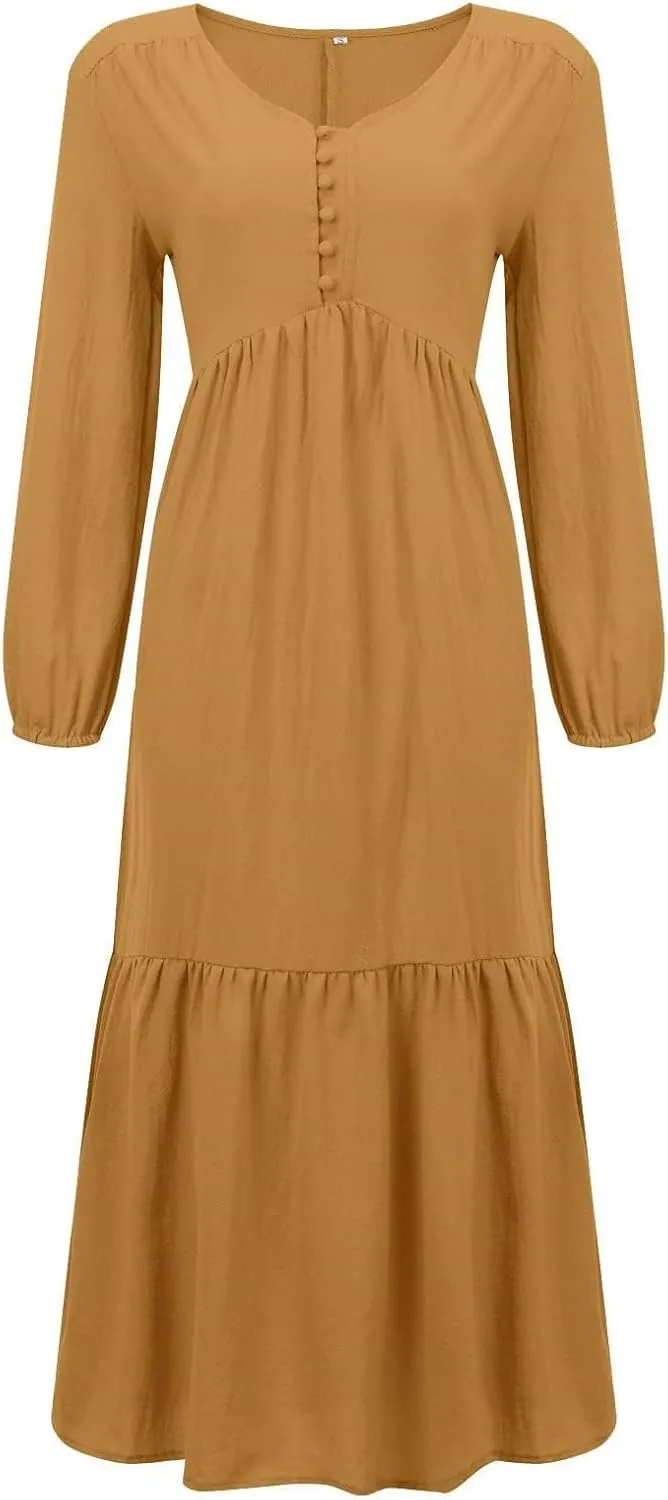 Linen Maxi Dress for Women Long Boho Dresses Casual Long Sleeve V Neck Dress Flowy Beach Pleated Sundress with Pockets