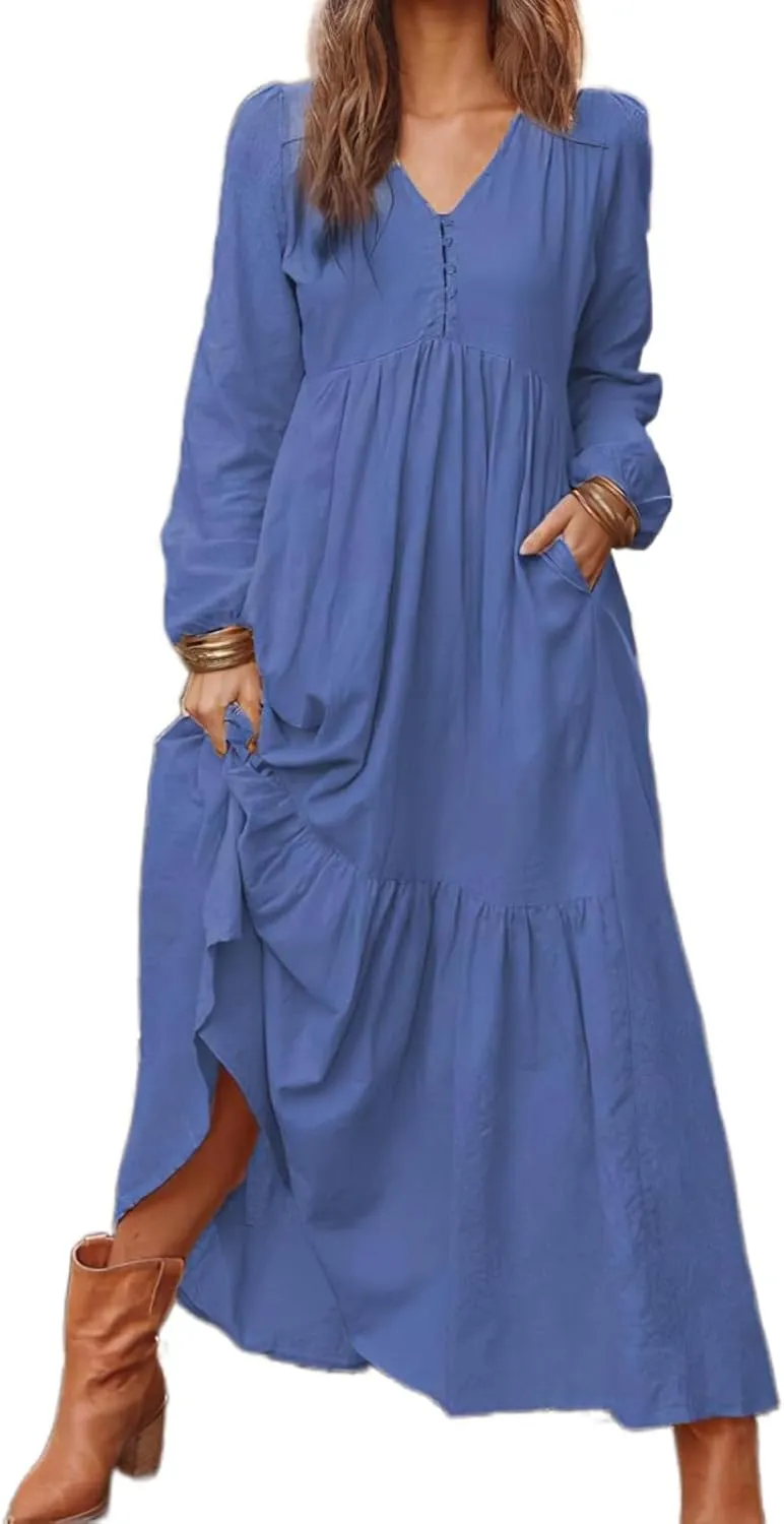 Linen Maxi Dress for Women Long Boho Dresses Casual Long Sleeve V Neck Dress Flowy Beach Pleated Sundress with Pockets