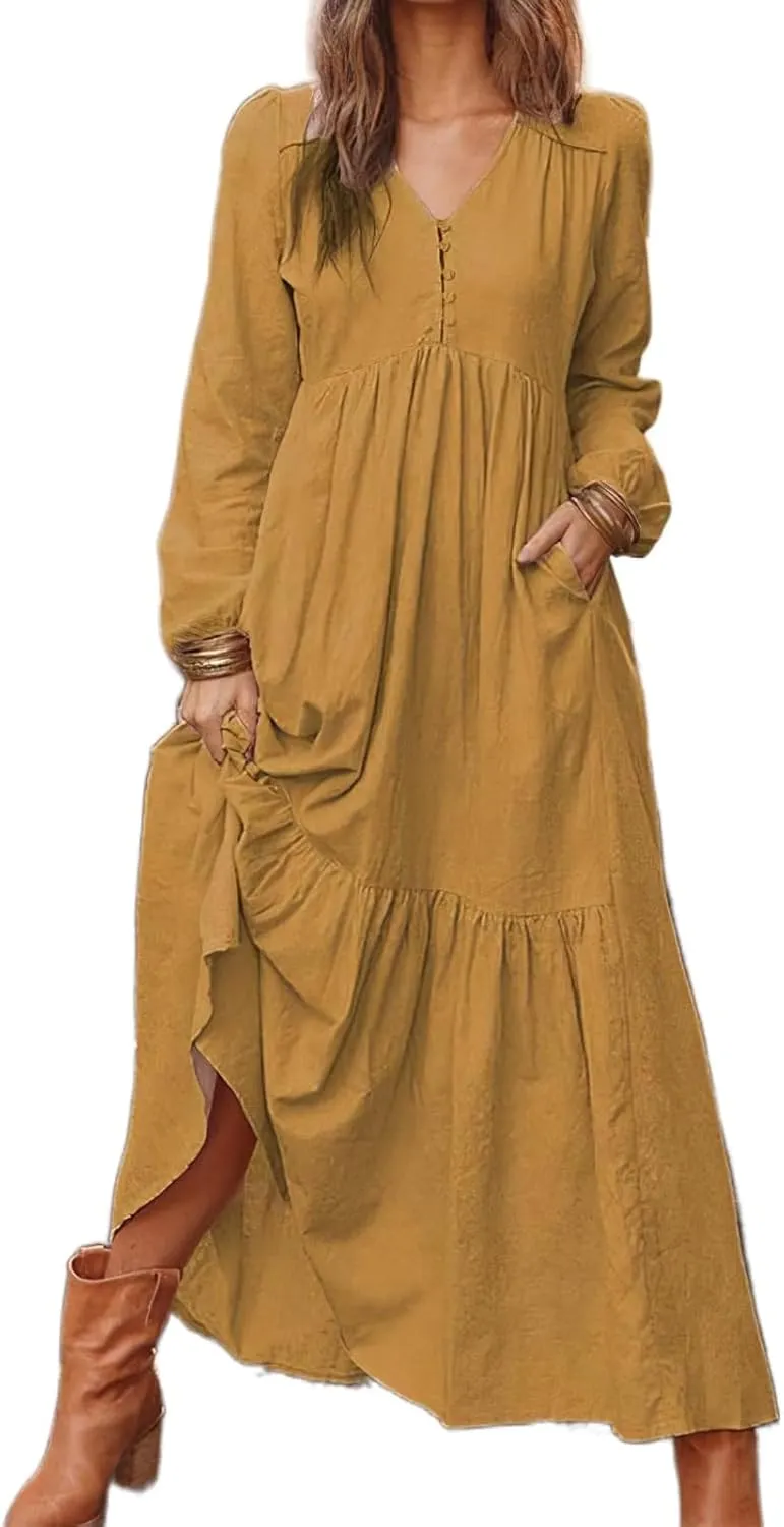 Linen Maxi Dress for Women Long Boho Dresses Casual Long Sleeve V Neck Dress Flowy Beach Pleated Sundress with Pockets