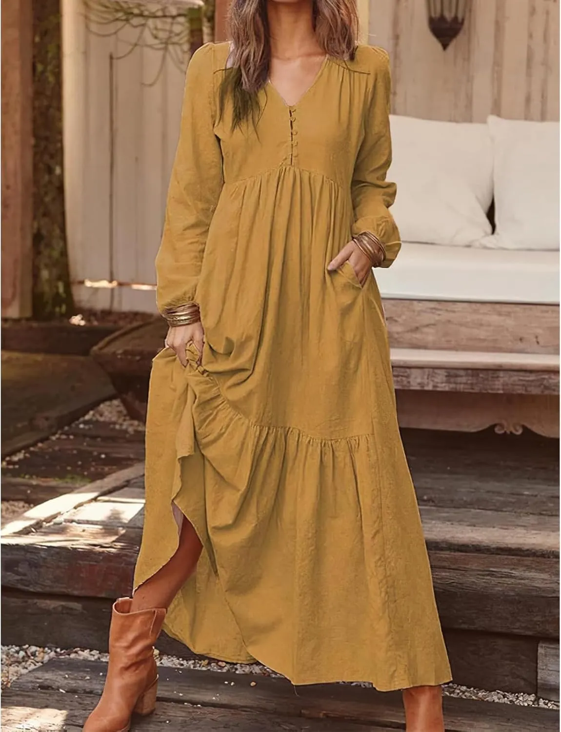 Linen Maxi Dress for Women Long Boho Dresses Casual Long Sleeve V Neck Dress Flowy Beach Pleated Sundress with Pockets