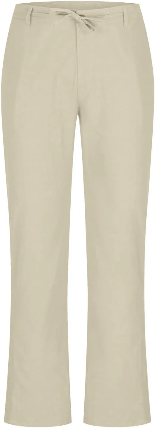 Lmdudan Men's Drawstring Loose Linen Beach Pants Lightweight Elastic Waist Yoga Lounge Straight Leg Trousers with Pockets