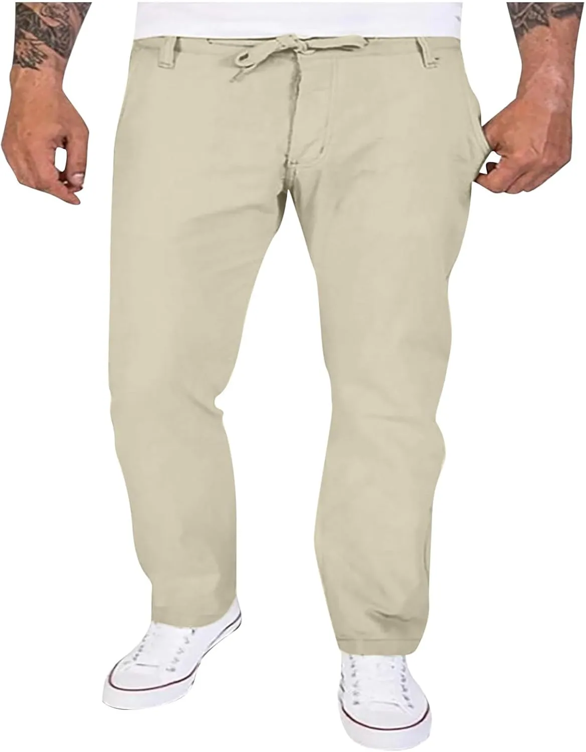 Lmdudan Men's Drawstring Loose Linen Beach Pants Lightweight Elastic Waist Yoga Lounge Straight Leg Trousers with Pockets